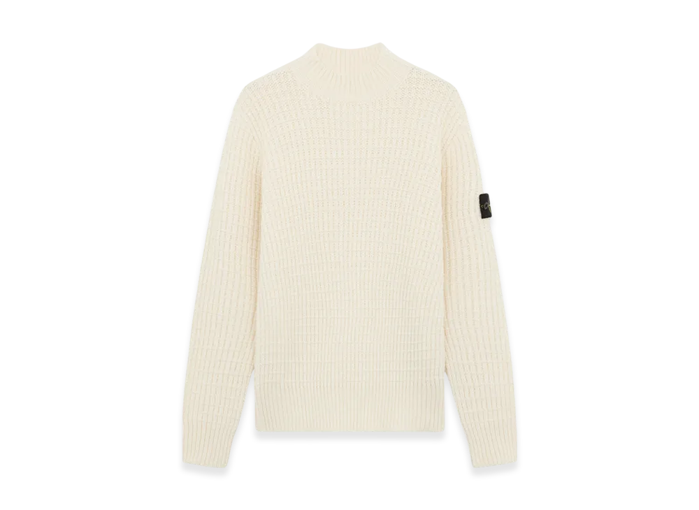 Stone Island 537D5 Double Weave Pure Wool Mock Neck Sweater with Checkered Stitch - 24FW "Natural White"