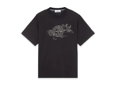 Stone Island 2RCE8 Printed Cotton Jersey with Camo Three Embroidery Short Sleeve T-Shirt - 24SS "Black"