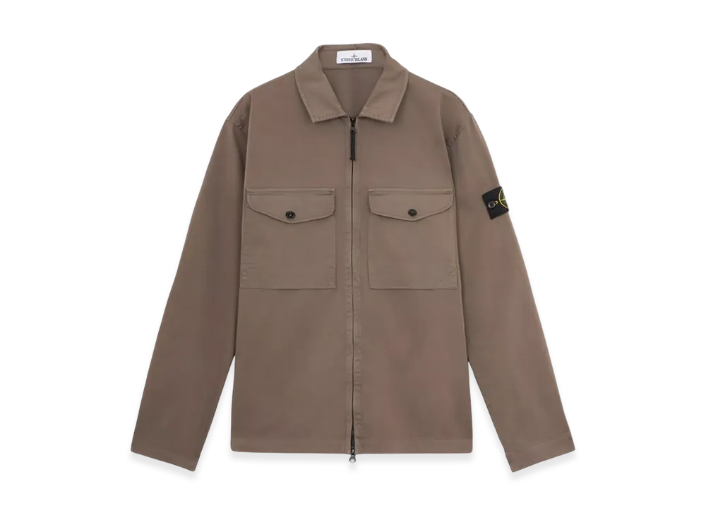 Stone Island 12808 Organic Stretch Cotton Satin Overshirt with Zipper Fastening - 24FW "Walnut Brown"