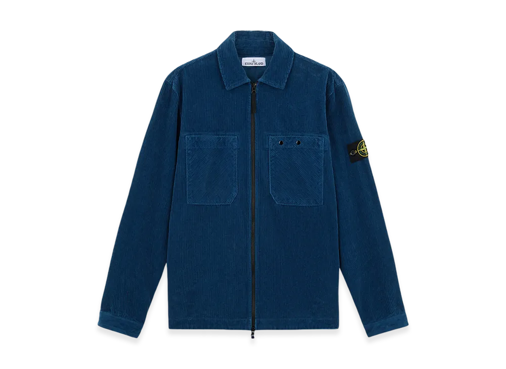 Stone Island 11604 Organic Cotton Corduroy 800 Overshirt with Zipper Fastening - 24FW "Avio Blue"