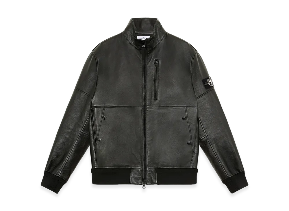 Stone Island 00398 Metal Lamina Leather Biker Jacket with Memory Features - 24FW "Black"