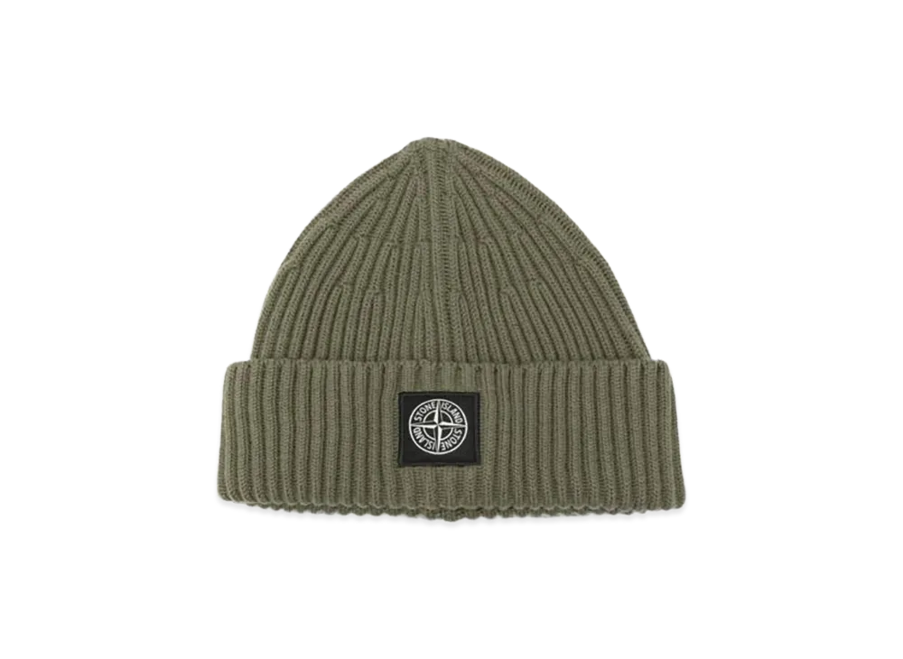 Stone Island Ribbed Wool Beanie with Compass Patch "Green"