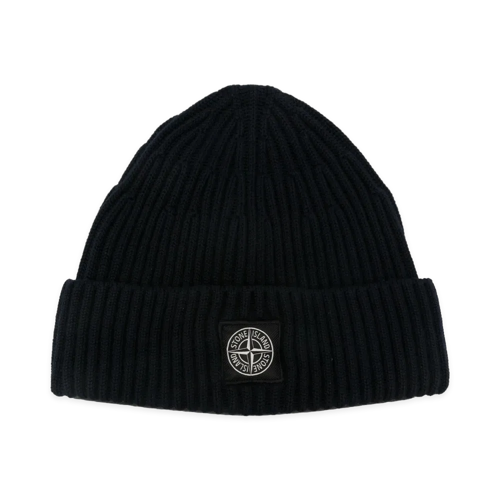 Stone Island Berretto in Lana A Costine Con Patch Compass "Black"