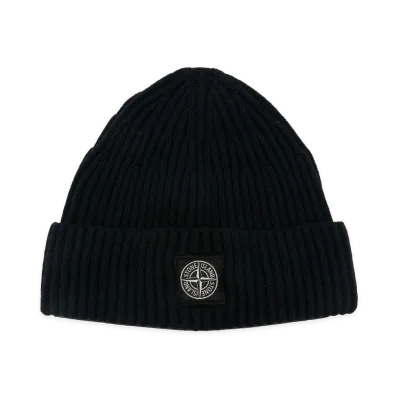 Stone Island Berretto in Lana A Costine Con Patch Compass "Black"