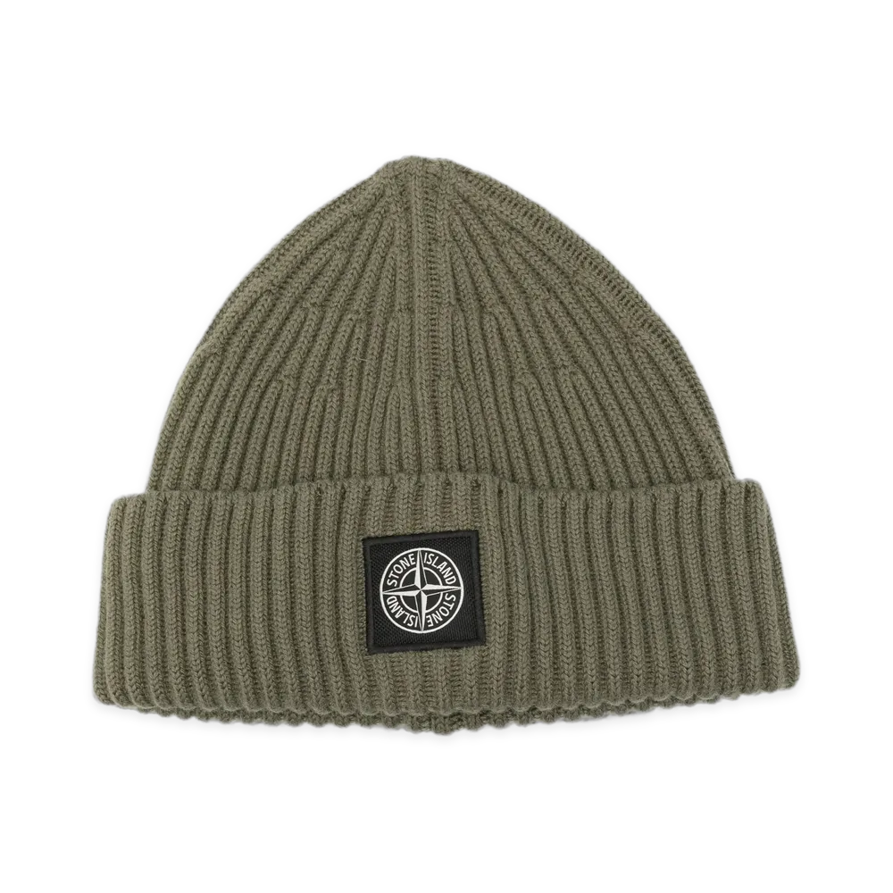 Stone Island Berretto in Lana A Costine Con Patch Compass "Green"