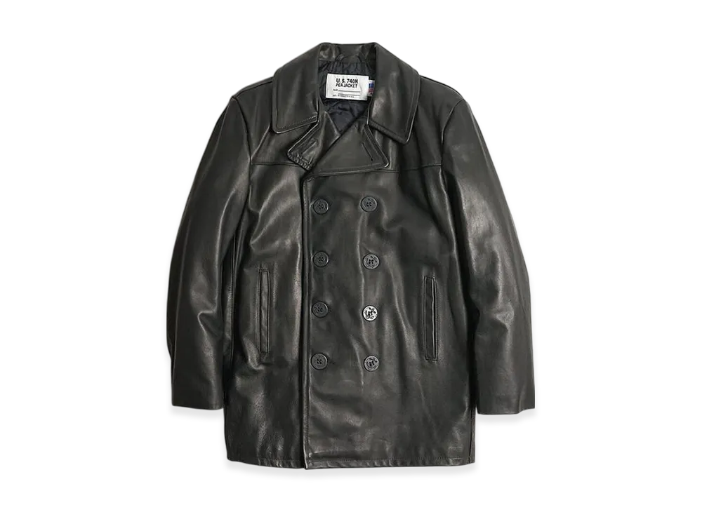 Schott 140 Mens Leather Double Peacoat Big Size "Black"