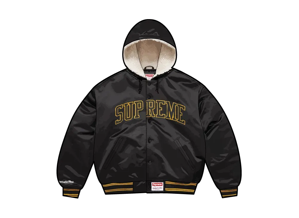 シュプリーム x ミッチェルアンドネス ラインド フーデッド サテン バーシティジャケット "ブラック"