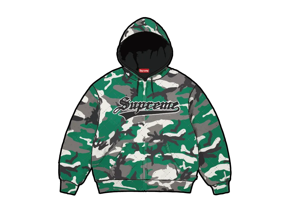 Supreme Quilted Zip Up Hooded Sweatshirt "Green Camo"