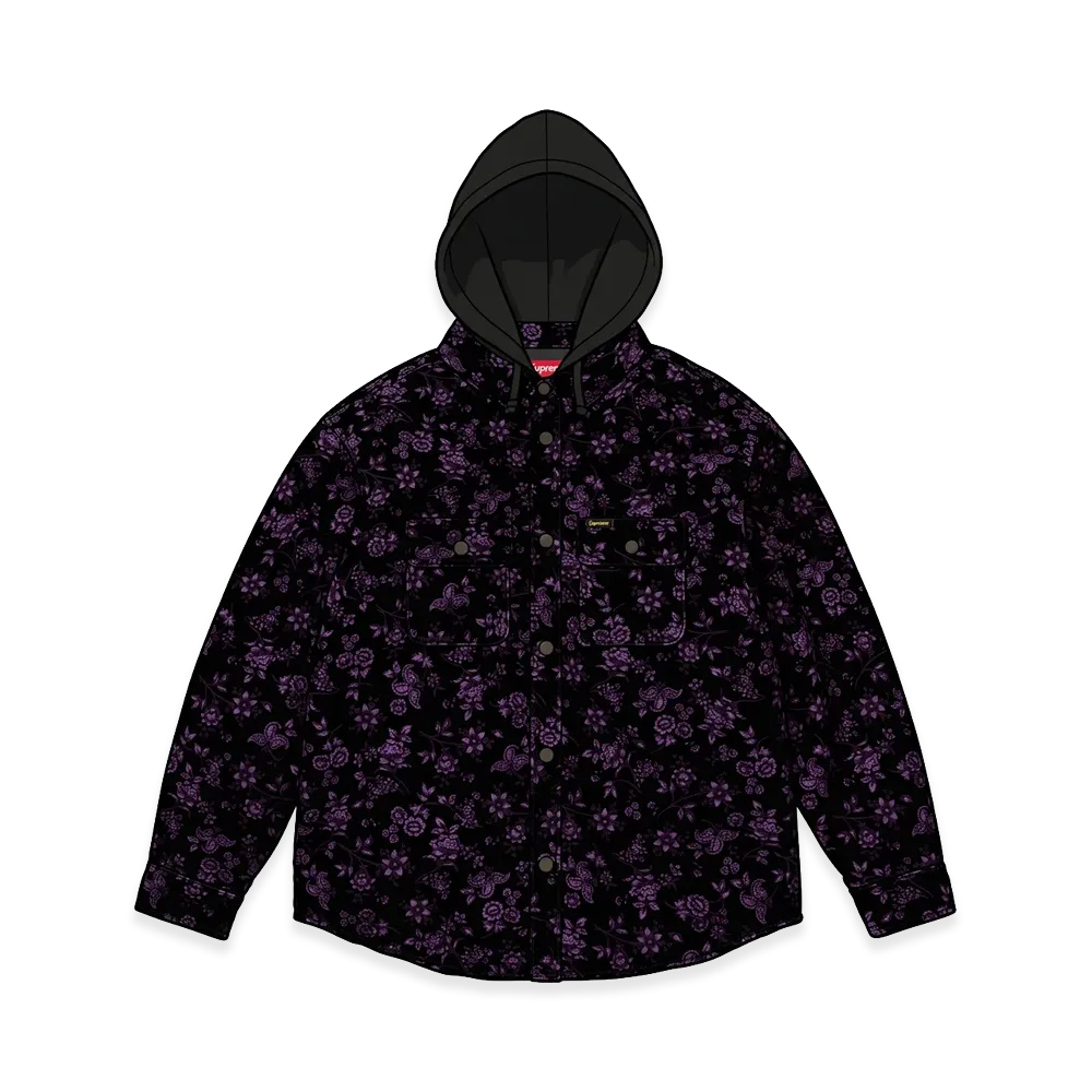 Supreme Quilted Lined Hooded Velvet Snap Shirt "Floral"