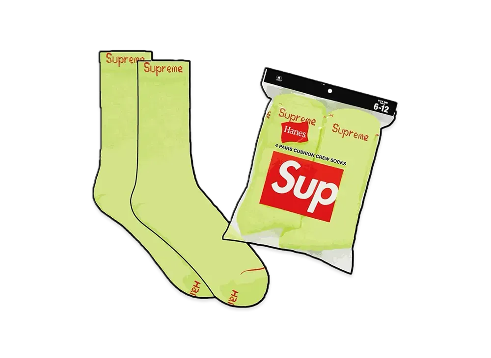 Supreme x Hanes Crew Socks (4 Pack) "Fluorescent Yellow"