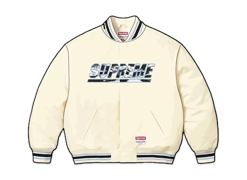 Supreme Mitchell & Ness Camo Logo Varsity Jacket "White"