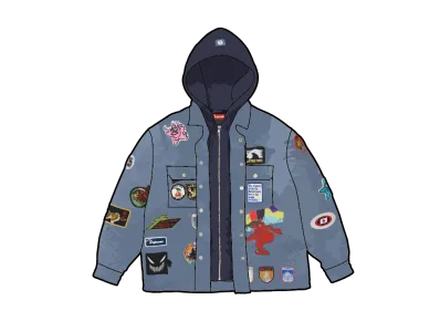 Supreme Patches Hooded Zip Up Shirt "Denim"