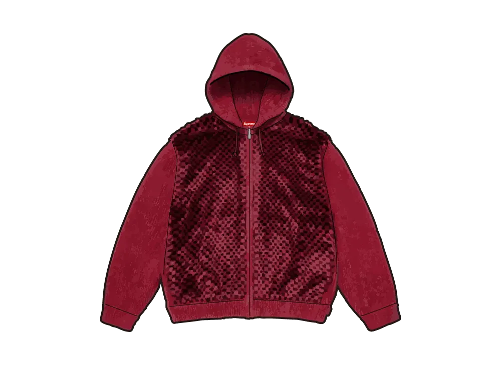 Supreme Checkerboard Faux Fur Zip Up Hooded Sweater "Red"
