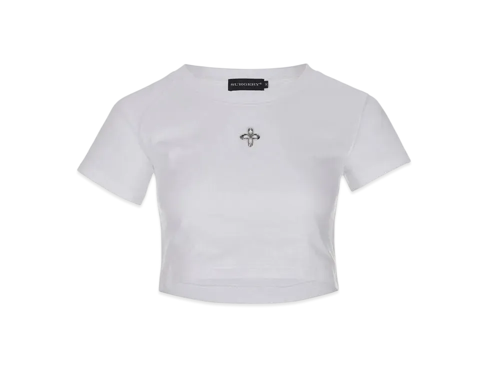 SURGERY サージュリー メタルクローバーロゴ クロップド ノースリーブ SURGERY Unbalance Metal Clover Logo Crop T-Shirt Women's 