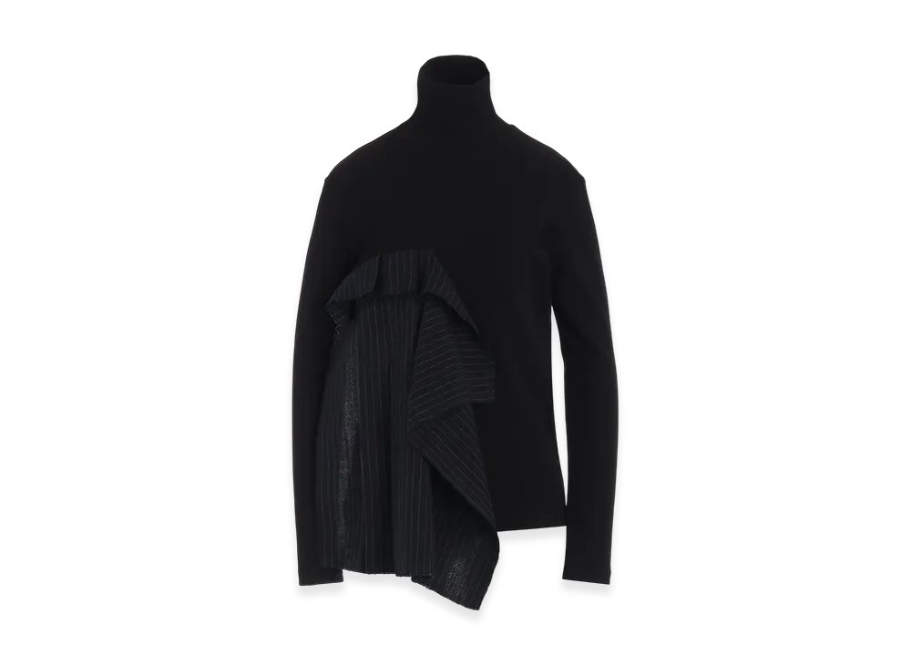 S'YTE Cotton Rib Jersey Long-Sleeved High-Neck T-Shirt With Pleated Stripes Fabric "Black"