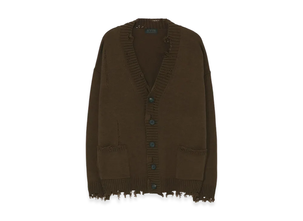 S'YTE 7G Bulky Wool Damage V-Neck Cardigan "Khaki"