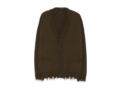 S'YTE 7G Bulky Wool Damage V-Neck Cardigan "Khaki"