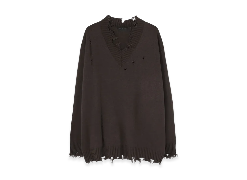 S'YTE 7G Bulky Wool Damage V Neck Pullover "Khaki"