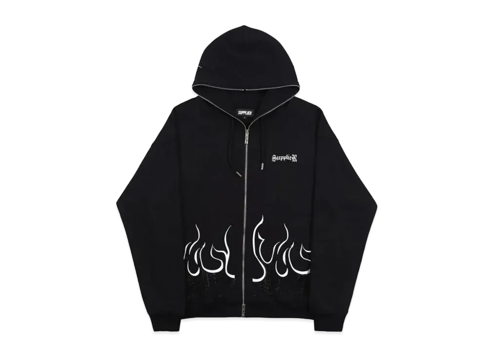 SUPPLIER Fire Pattern Rhinestone Zip Hoodie "Black"