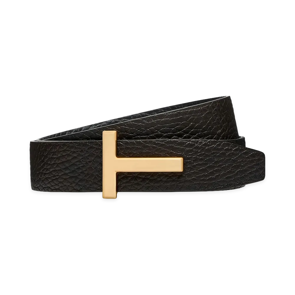 TOM FORD Cintura In Pelle Martellata Con Fibbia A T "Smoke Grey/Black"