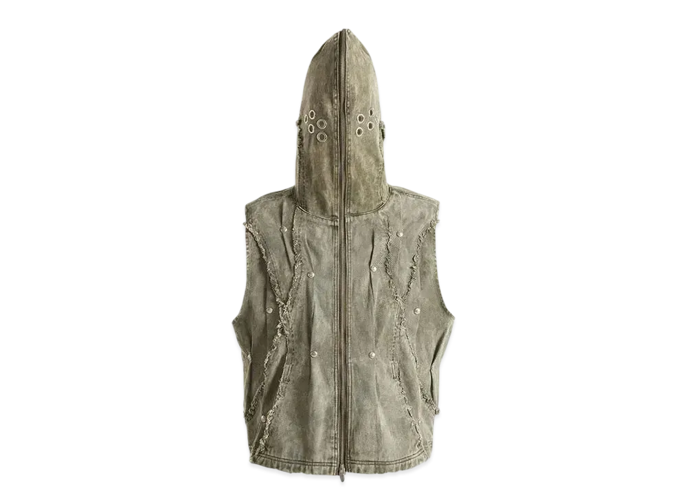 The Boy Has No Patience Eclipse Of The Blood Moon Brushed Texture Denim Hooded Vest "Green"