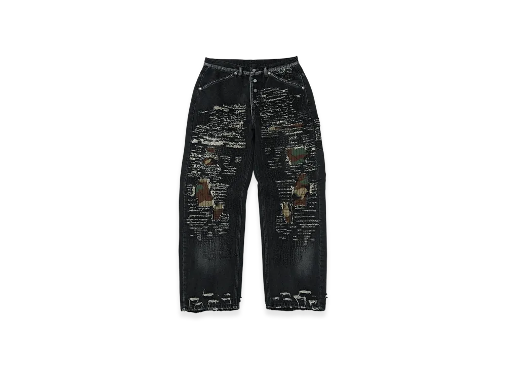 THUG CLUB Vintage-Stitched Camo Denim Pants "Black"