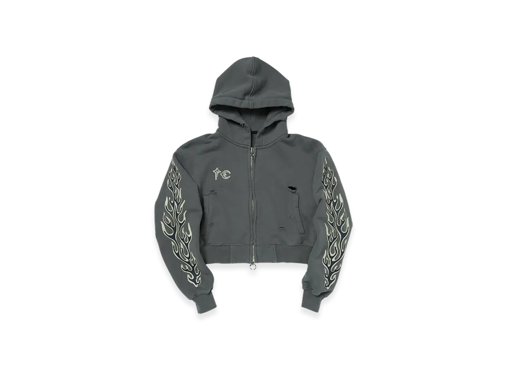 THUG CLUB Leather Flame Cropped Hooded Zip-Up "Grey"