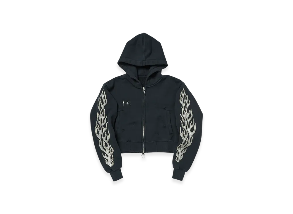 THUG CLUB Leather Flame Cropped Hooded Zip-Up "Navy"