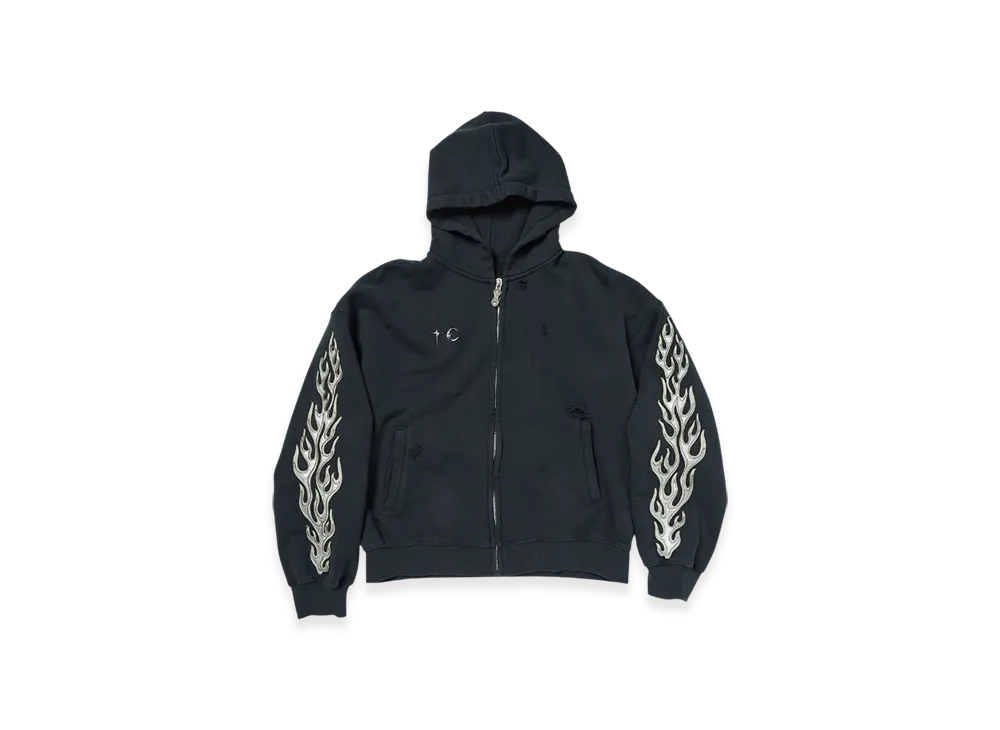 THUG CLUB Leather Flame Hooded Zip-Up "Navy"
