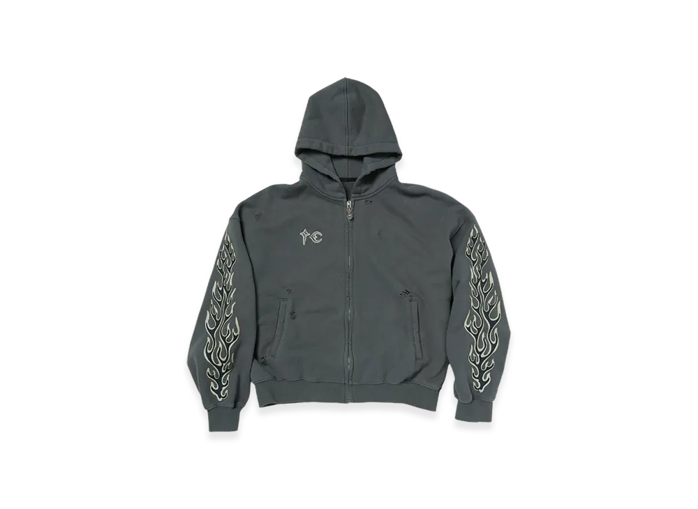 THUG CLUB Leather Flame Hooded Zip-Up "Grey"