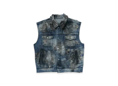THUG CLUB Hard-Washed Damaged Denim Vest "Blue"