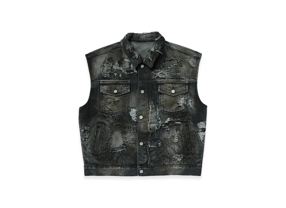 THUG CLUB Hard-Washed Damaged Denim Vest "Black"