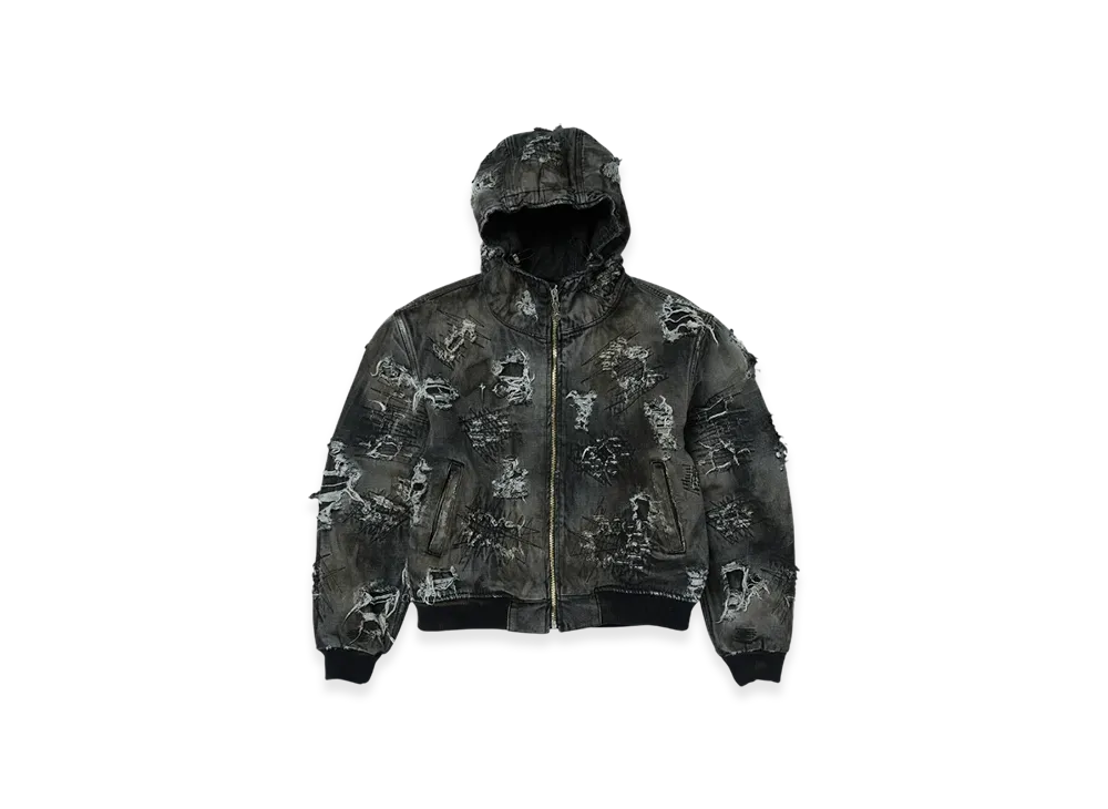 サグクラブ ハード ウォッシュ ダメージ デニム フード ジップ アップ "ブラック"