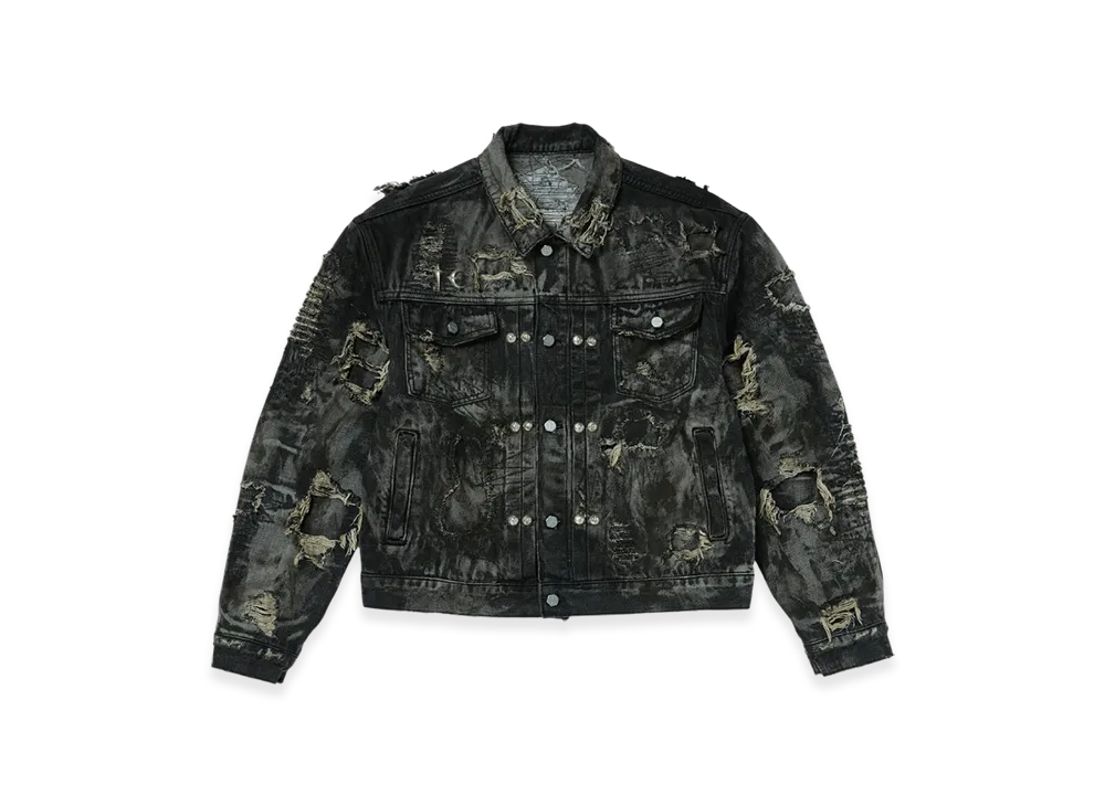 THUG CLUB Hard-Washed Damaged Denim Jacket "Black"