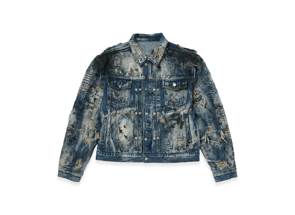 THUG CLUB Hard-Washed Damaged Denim Jacket "Blue"