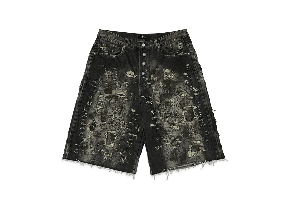 THUG CLUB Hard Washed Destroyed Denim Shorts "Black"
