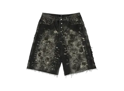 THUG CLUB Hard Washed Destroyed Denim Shorts "Black"