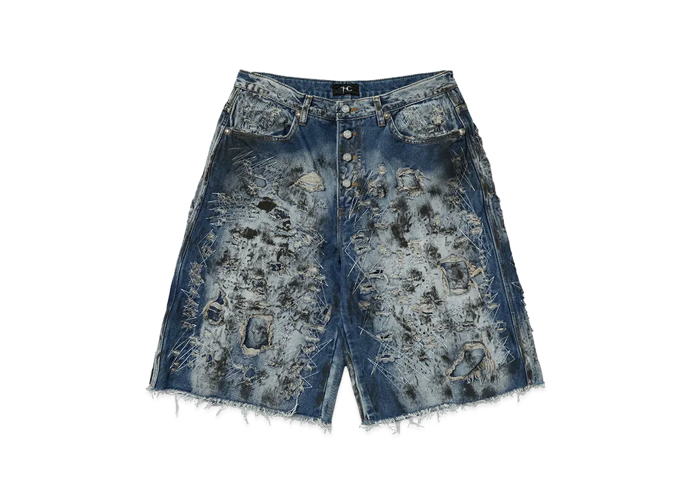 THUG CLUB Hard Washed Destroyed Denim Shorts "Blue"