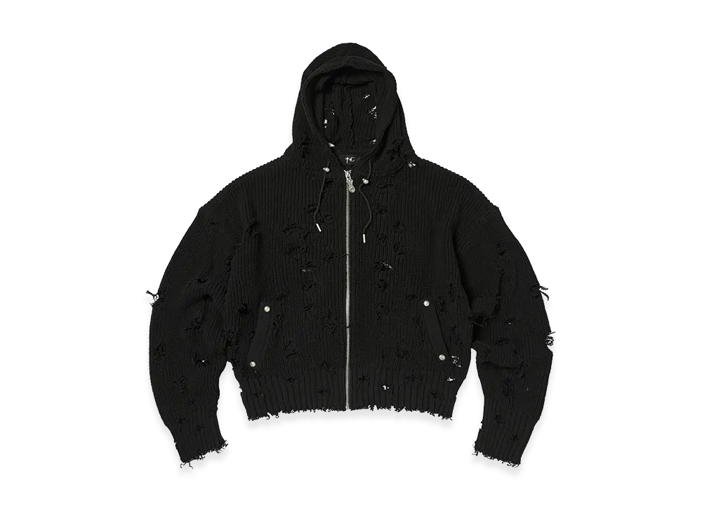 THUG CLUB TC Destroyed Knit Zip-Up Hoodie "Black"