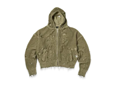 THUG CLUB TC Destroyed Knit Zip-Up Hoodie "Beige"