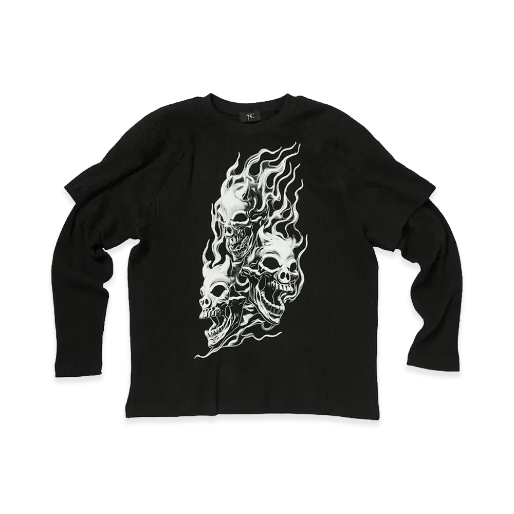 THUG CLUB Bulk Shoulder Three Riding Skull Layered T-Shirt "Black"