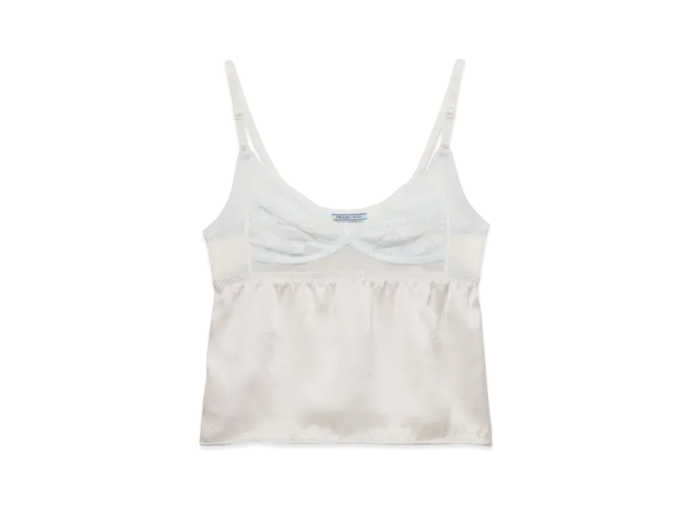 PRADA Women's Vintage-Look Satin and Lace Top "Light Gray"