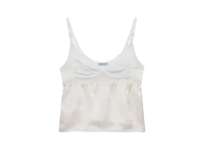 PRADA Women's Vintage-Look Satin and Lace Top "Light Gray"
