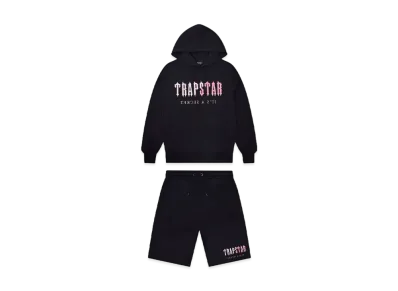 TRAPSTAR Decoded Chenille Hooded Shorts Set "Black/Pink"