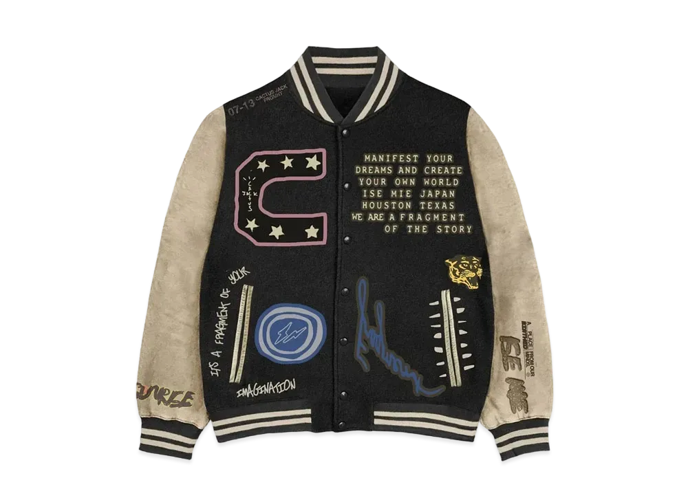 トラヴィススコット カクタスジャック フォー フラグメント マニフェスト レターマン ジャケット "ブラック"