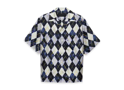 PRADA Short-Sleeved Argyle-Pattern Silk Twill Shirt "Navy"