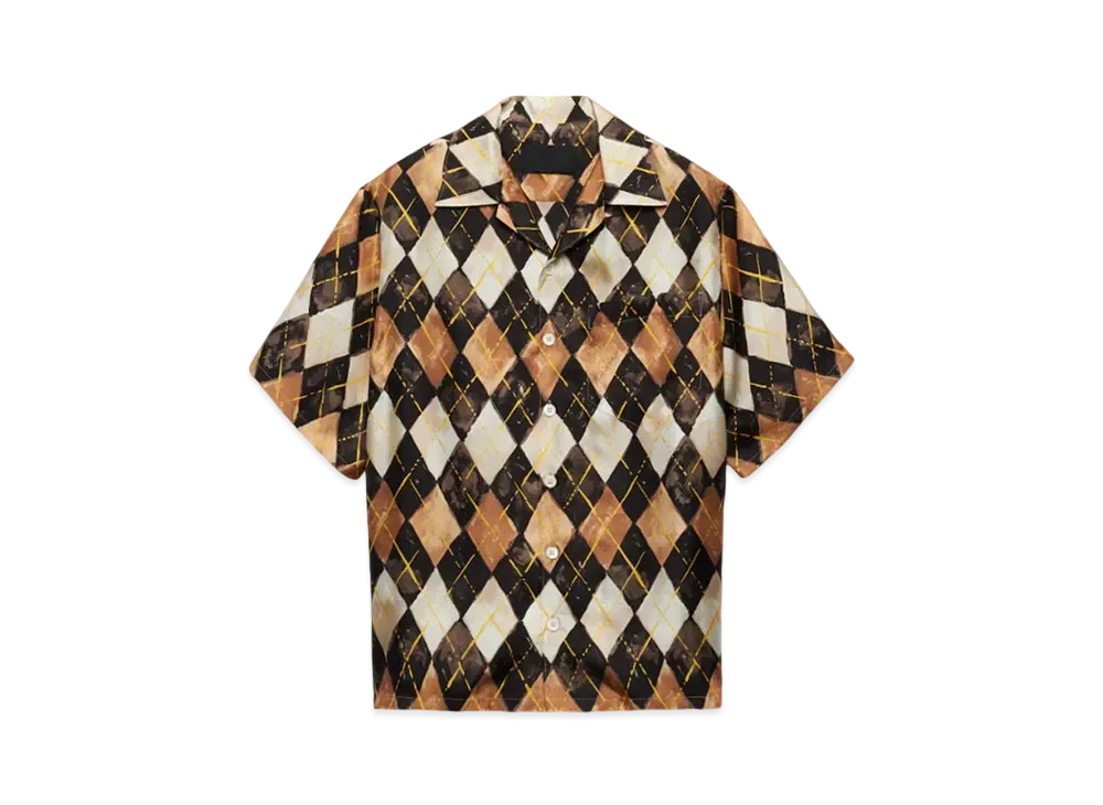 PRADA Men's Short-Sleeved Argyle-Pattern Silk Twill Shirt "Dark Brown"