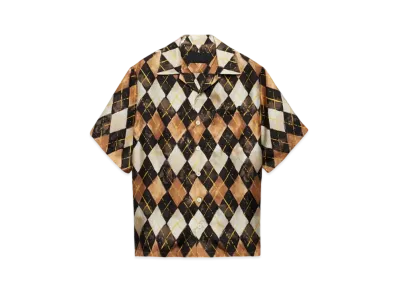 PRADA Men's Short-Sleeved Argyle-Pattern Silk Twill Shirt "Dark Brown"
