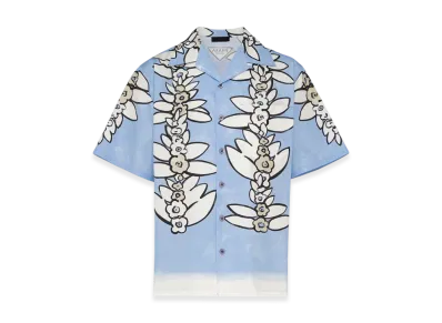 PRADA Short Sleeve Printed Cotton Shirt "Light Blue/Cord"