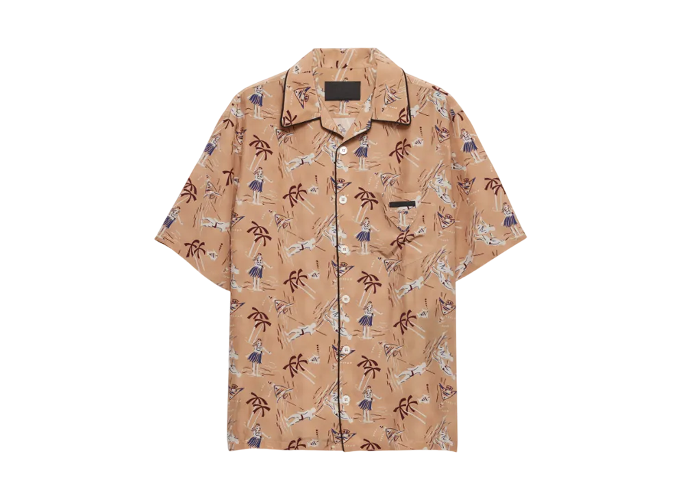 PRADA Men's Printed Silk Blend Bowling Shirt "Cameo Beige"